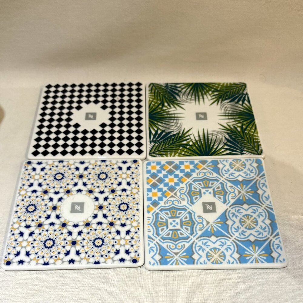Set of 4 Nespresso Ceramic Tiles Coasters Made in Portugal 4.25"